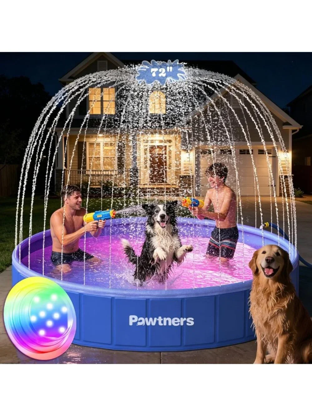 72” Foldable Dog Pool with Sprinkler & LED Light - Portable Pet Bathing Tub for
